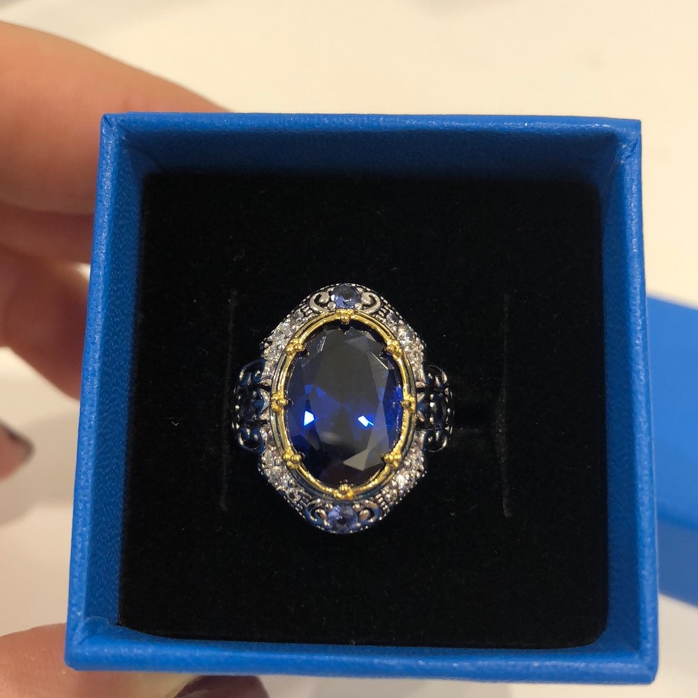 Blue Sapphire 14k YG White Diamond Oval Ring